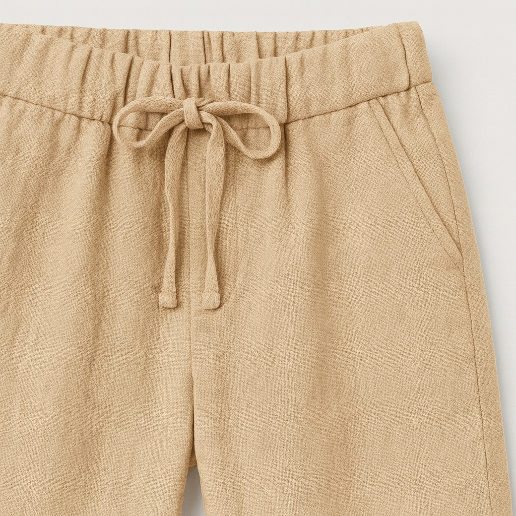 Relaxed linen Bermuda shorts with drawstring waist and cuffed hem, styled for an effortless casual look.