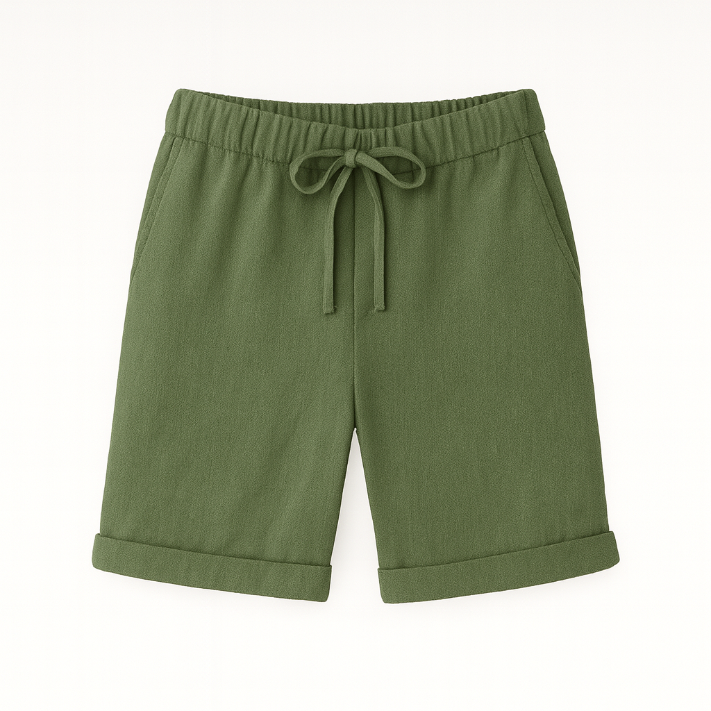 Relaxed linen Bermuda shorts with drawstring waist and cuffed hem, styled for an effortless casual look.