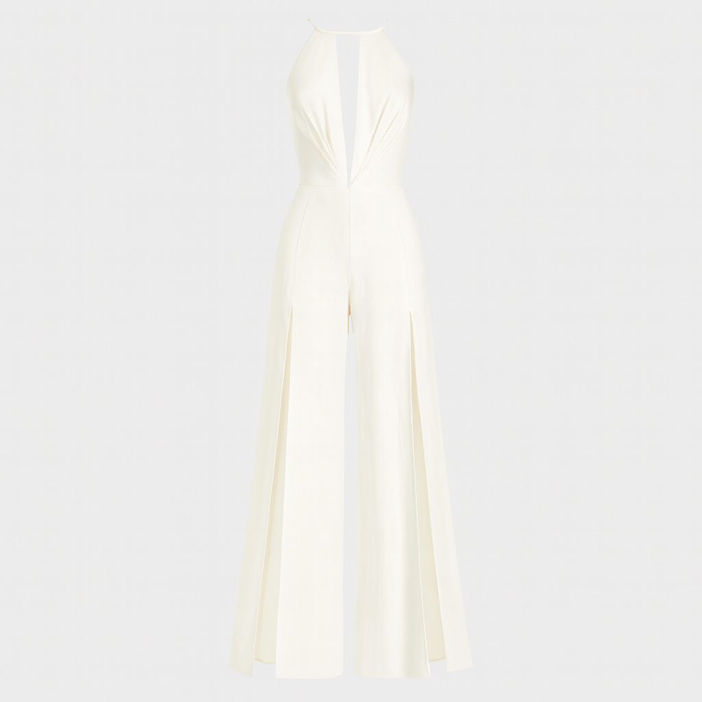 An elegant white halter-neck jumpsuit featuring a deep V-neckline with a sheer inset, a fitted waist, and wide, flowing chiffon legs that create a soft, ethereal effect. She stands in a bright room with large windows and sheer white curtains, exuding a sophisticated and graceful look.