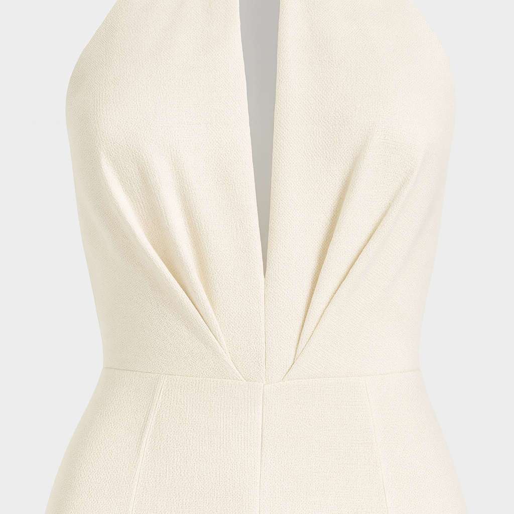 An elegant white halter-neck jumpsuit featuring a deep V-neckline with a sheer inset, a fitted waist, and wide, flowing chiffon legs that create a soft, ethereal effect. She stands in a bright room with large windows and sheer white curtains, exuding a sophisticated and graceful look.