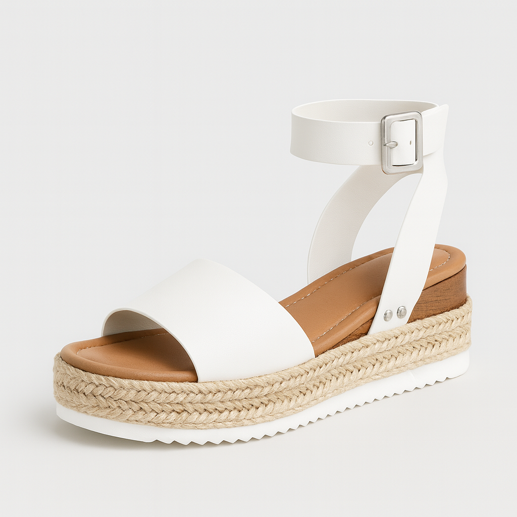 Platform sandals with wide strap, jute-wrapped midsole, and adjustable ankle buckle, styled for casual warm-weather looks
