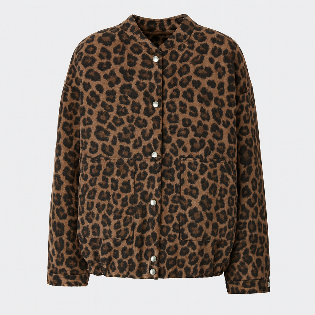 Button-up wool-blend jacket with leopard pattern and front pockets