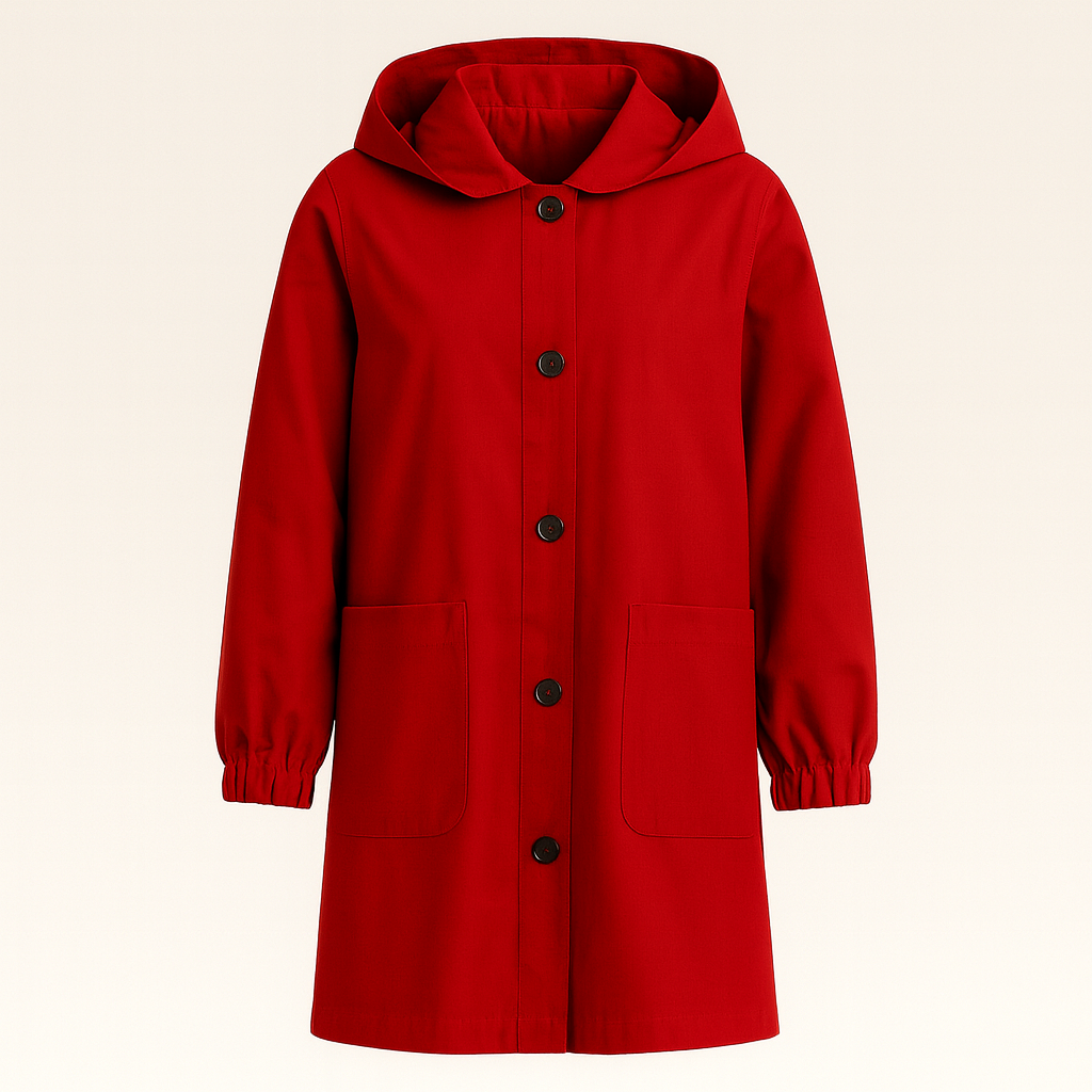 Hooded coat with button-front closure, elastic cuff sleeves, and side pockets, styled with a scarf and casual layering
