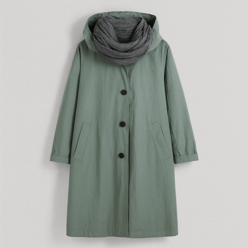 Hooded coat with button-front closure, elastic cuff sleeves, and side pockets, styled with a scarf and casual layering