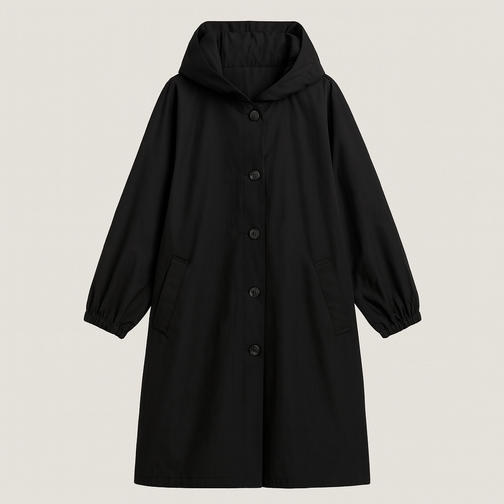 Hooded coat with button-front closure, elastic cuff sleeves, and side pockets, styled with a scarf and casual layering