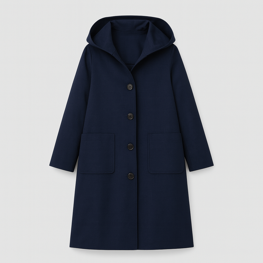 Hooded coat with button-front closure, elastic cuff sleeves, and side pockets, styled with a scarf and casual layering