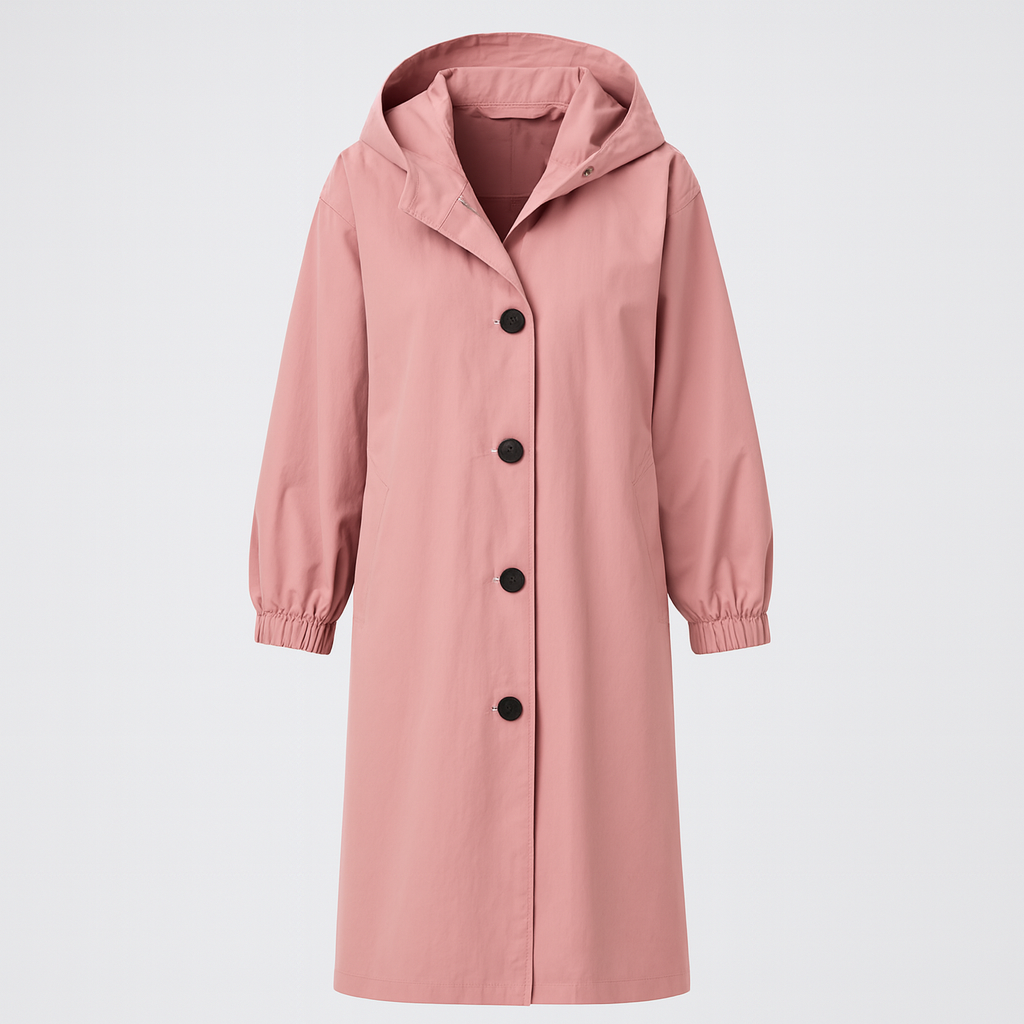Hooded coat with button-front closure, elastic cuff sleeves, and side pockets, styled with a scarf and casual layering