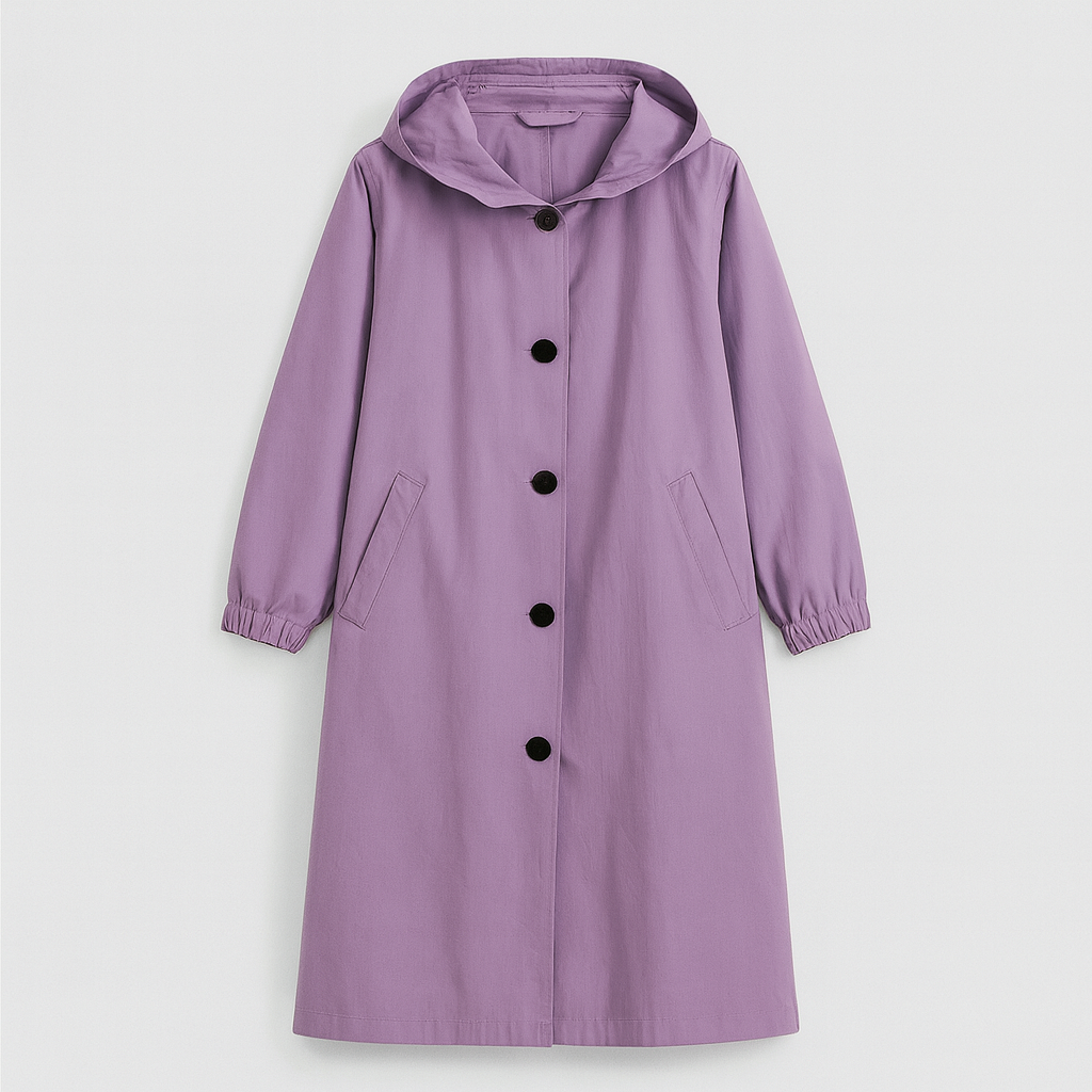 Hooded coat with button-front closure, elastic cuff sleeves, and side pockets, styled with a scarf and casual layering