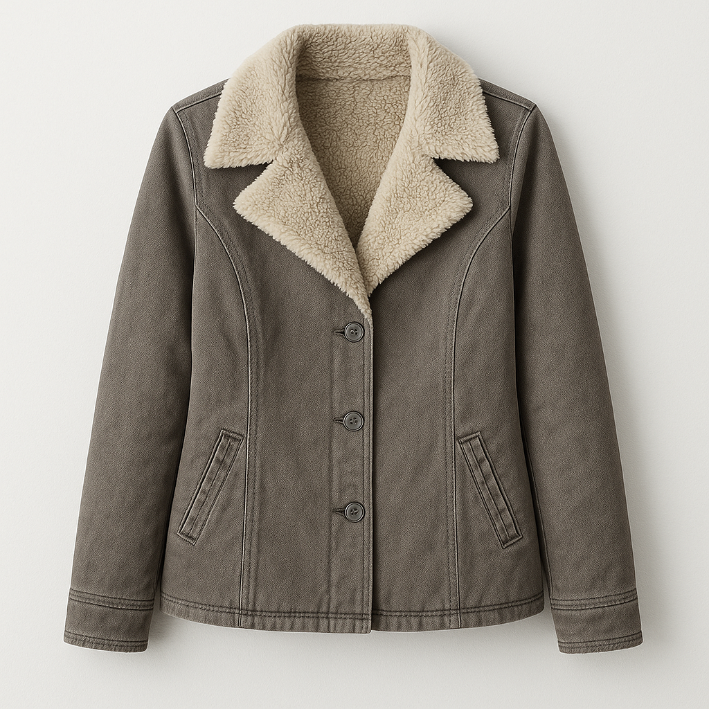 Button-up jacket with wide lapel collar, faux shearling lining, and front welt pockets.