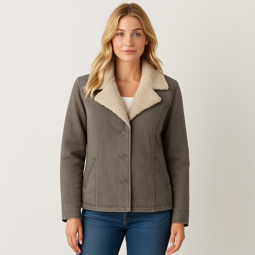 Button-up jacket with wide lapel collar, faux shearling lining, and front welt pockets.
