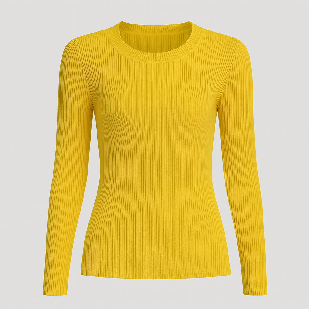 A fitted ribbed knit top with a crew neckline and long sleeves.