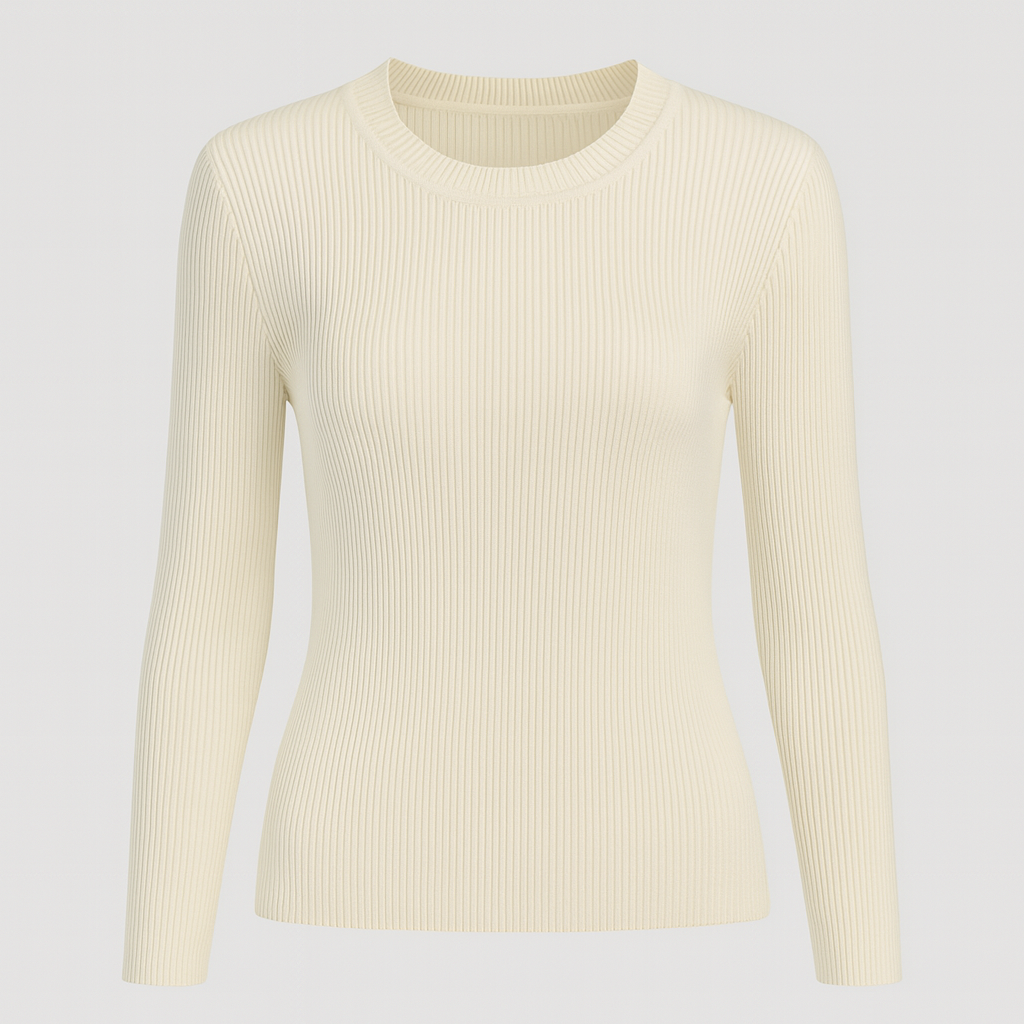 A fitted ribbed knit top with a crew neckline and long sleeves.