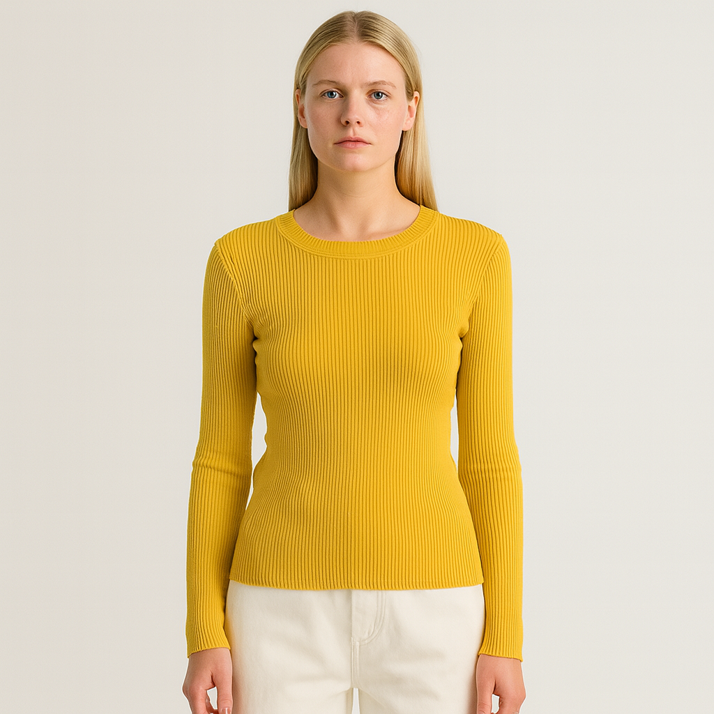 A fitted ribbed knit top with a crew neckline and long sleeves.