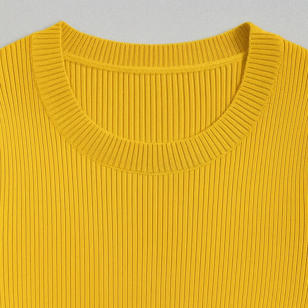 A fitted ribbed knit top with a crew neckline and long sleeves.
