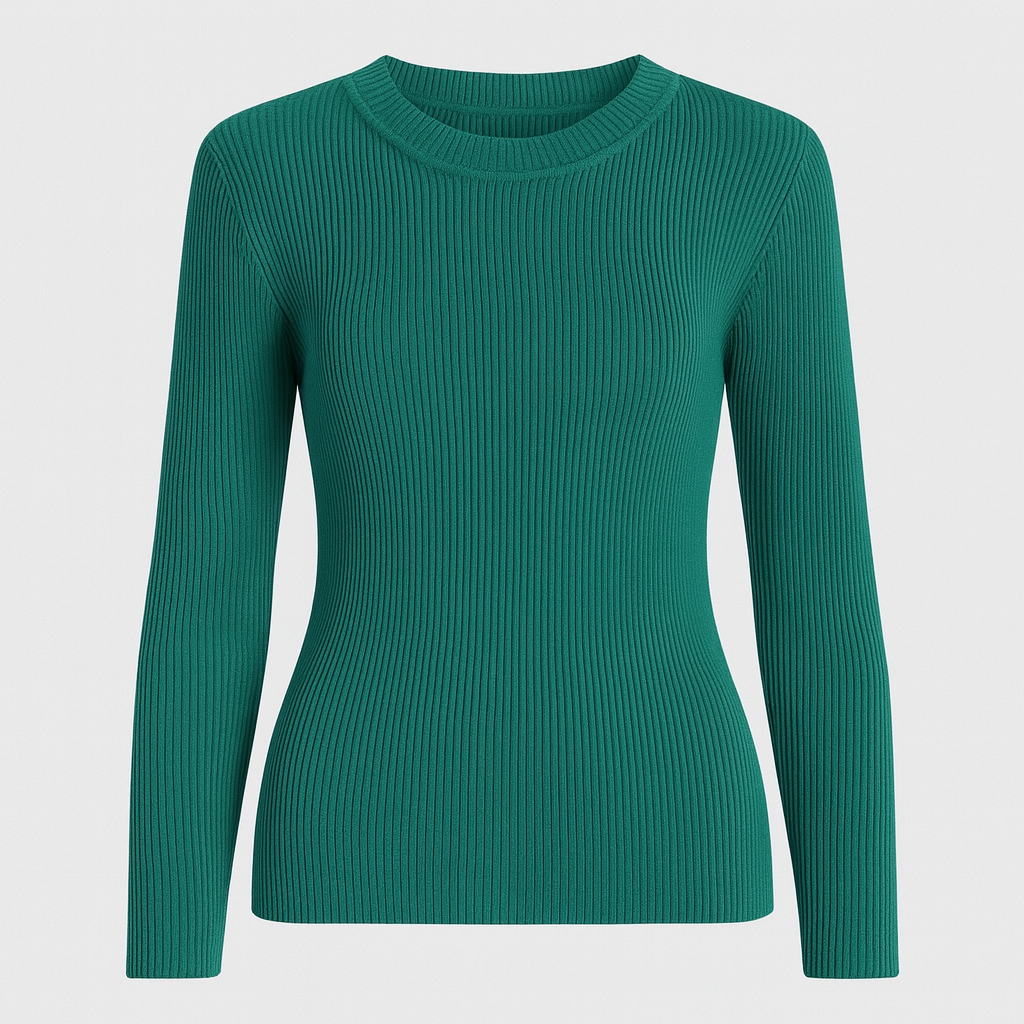 A fitted ribbed knit top with a crew neckline and long sleeves.