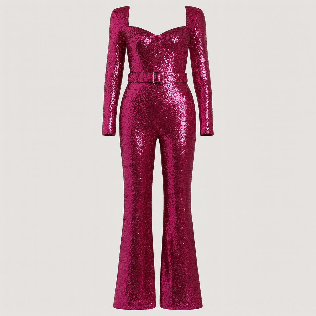 Sequin jumpsuit with long sleeves, sweetheart neckline, fitted waist with matching belt, and flared legs.