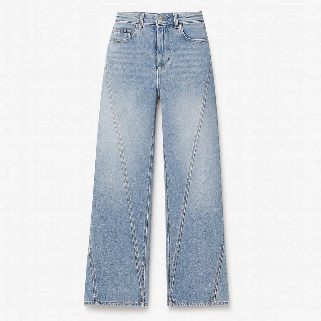 High-rise flare jeans with front seam detailing and wide-leg silhouette, styled with a cropped top for a modern casual look.