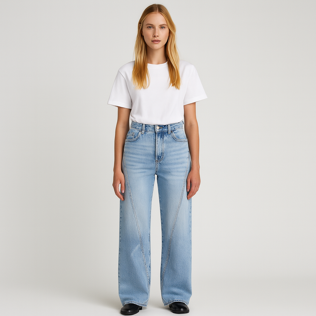 High-rise flare jeans with front seam detailing and wide-leg silhouette, styled with a cropped top for a modern casual look.