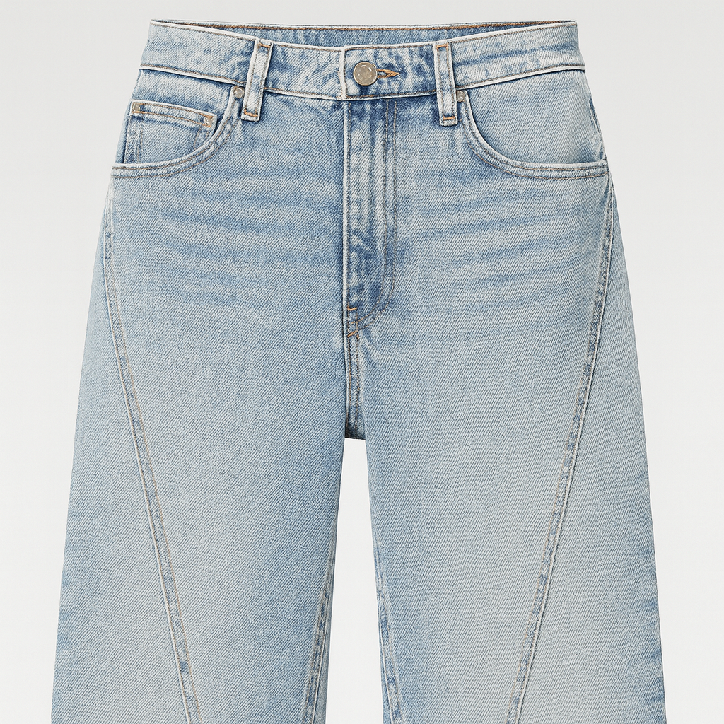 High-rise flare jeans with front seam detailing and wide-leg silhouette, styled with a cropped top for a modern casual look.