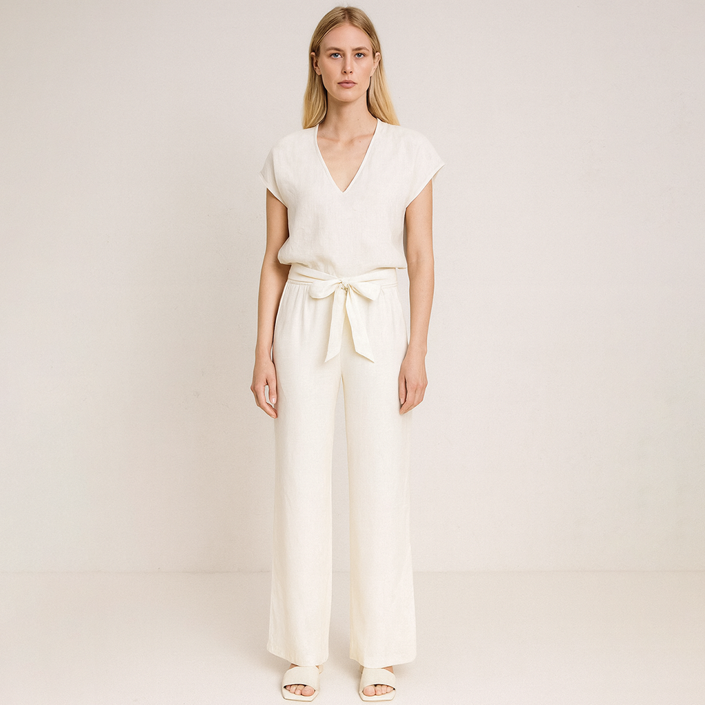 Linen wide-leg pants with tie-front waistband.