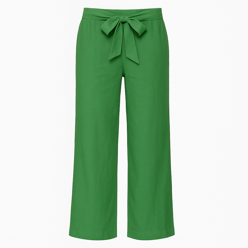 Linen wide-leg pants with tie-front waistband.