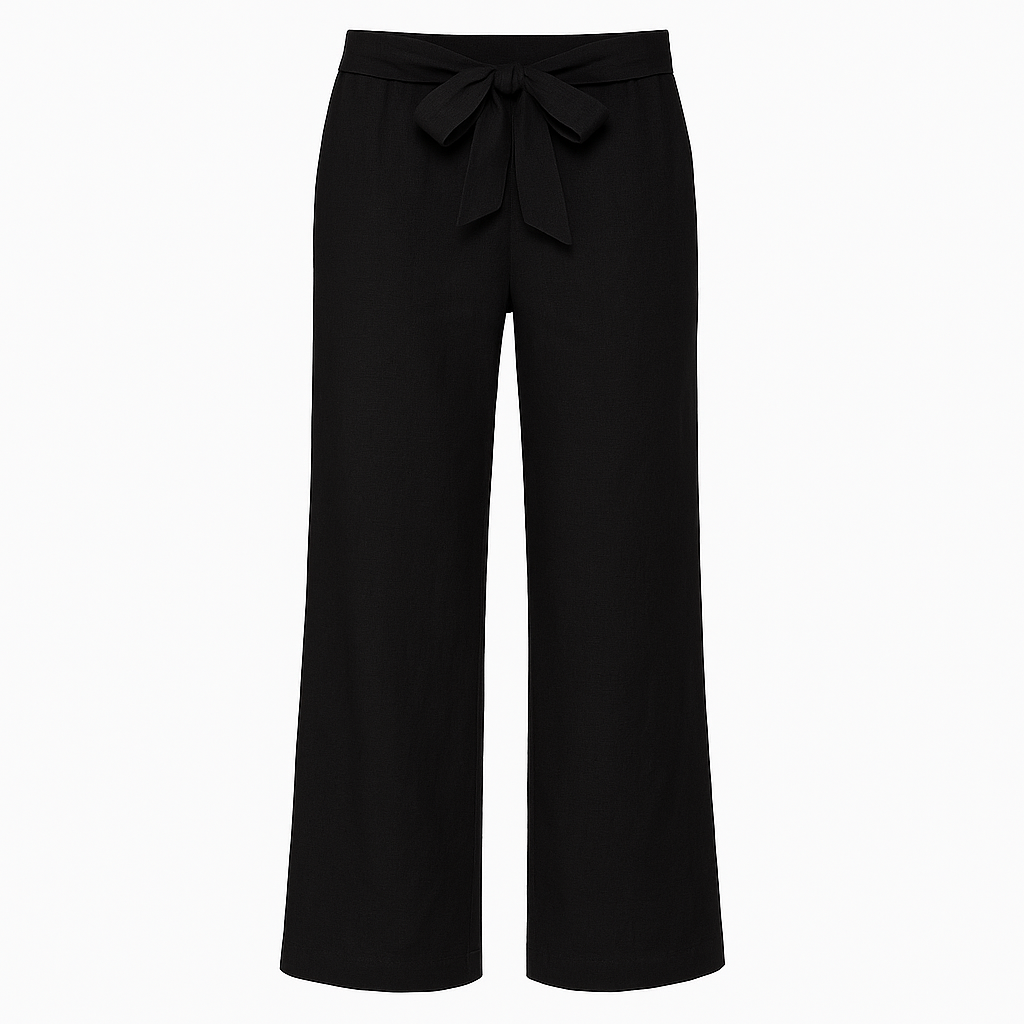 Linen wide-leg pants with tie-front waistband.