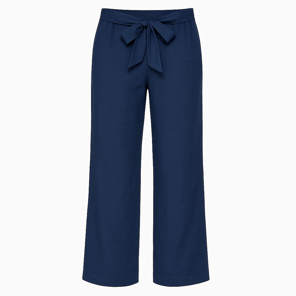 Linen wide-leg pants with tie-front waistband.