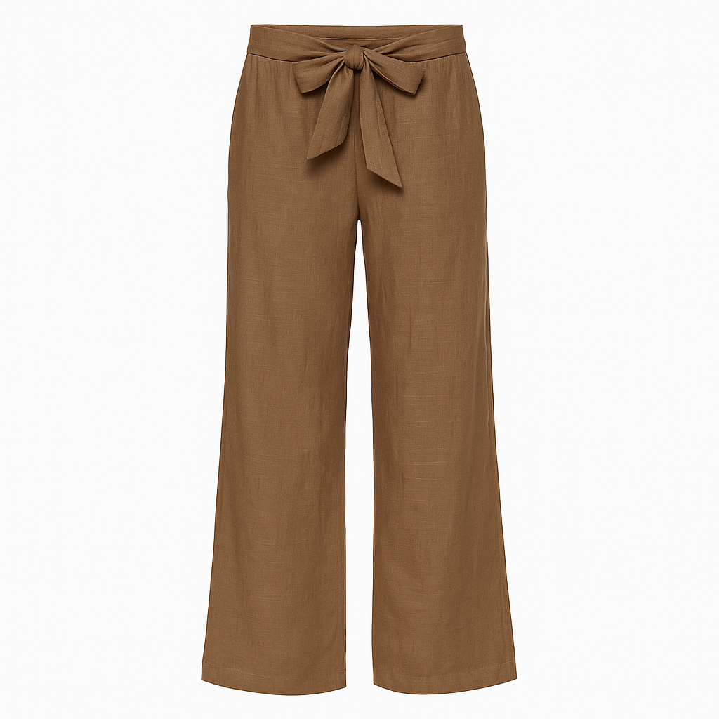 Linen wide-leg pants with tie-front waistband.