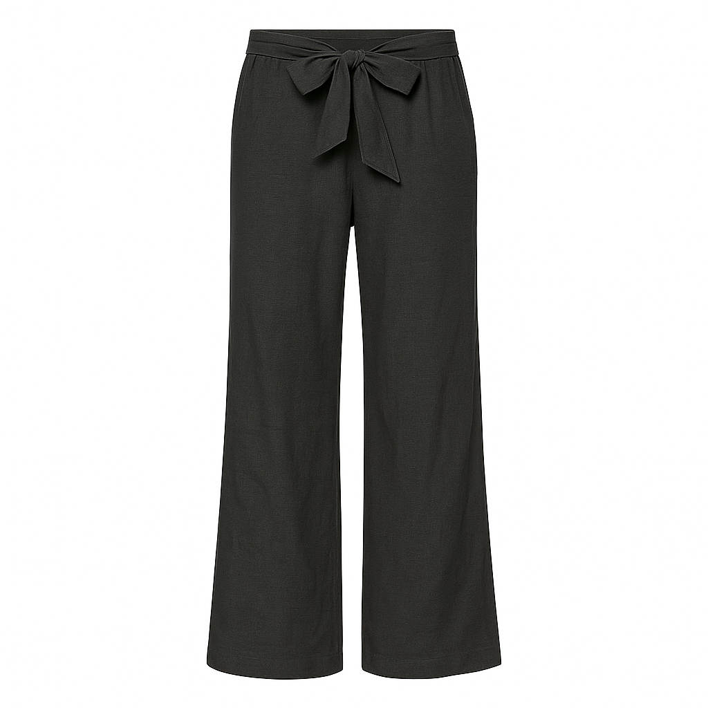 Linen wide-leg pants with tie-front waistband.