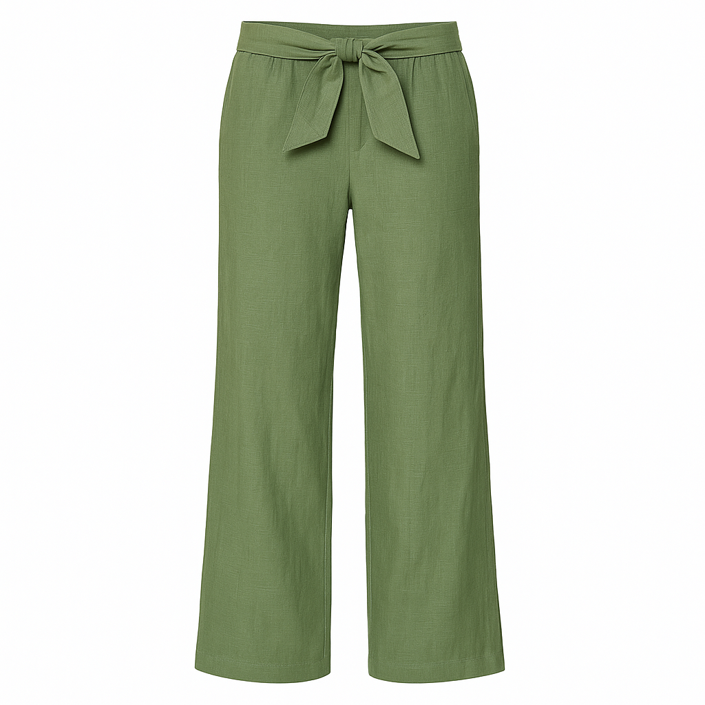 Linen wide-leg pants with tie-front waistband.
