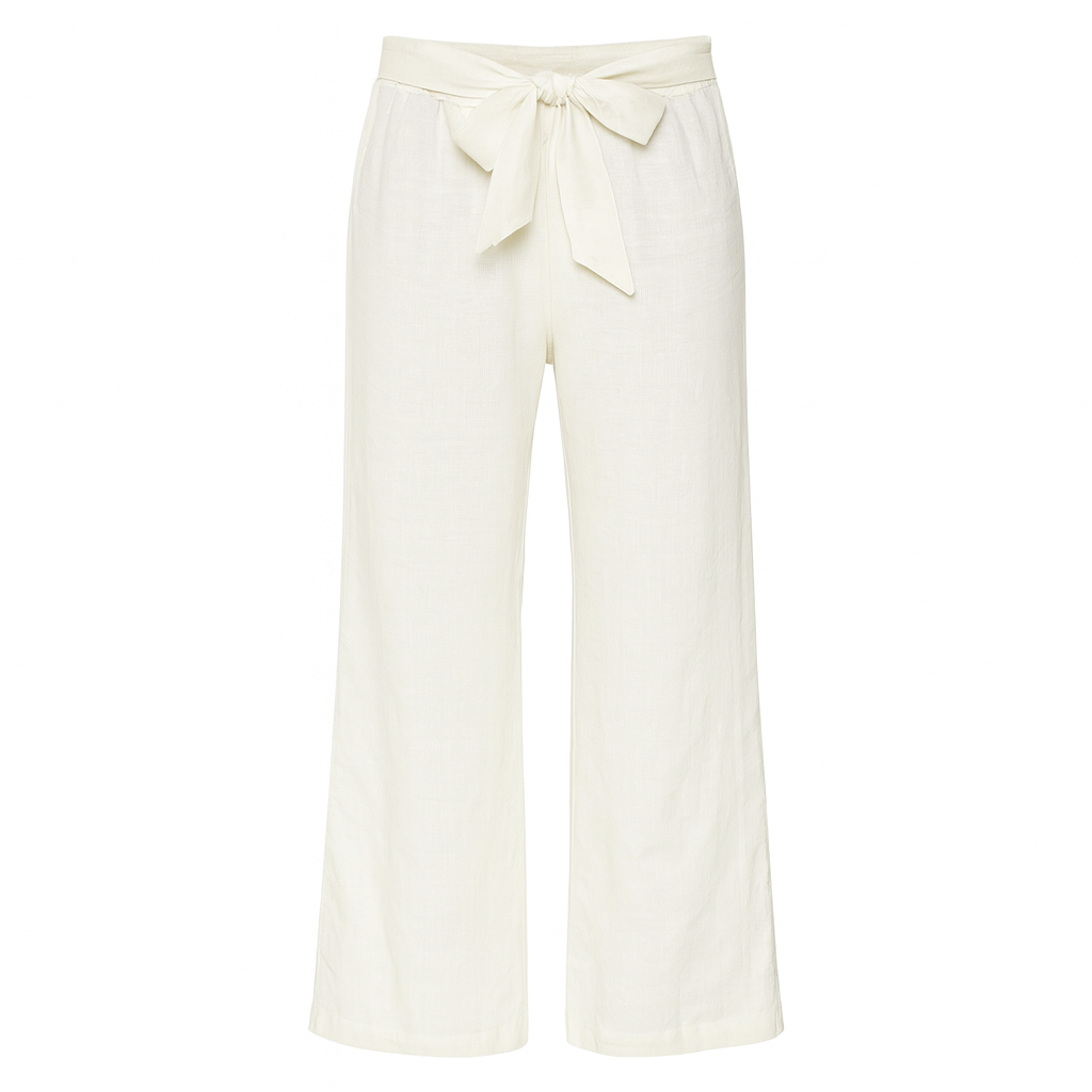 Linen wide-leg pants with tie-front waistband.