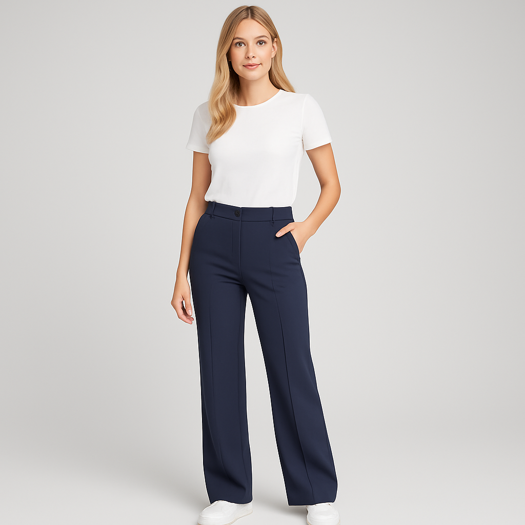Tailored wide-leg trousers with fitted waistband, front seam detail, and full-length drape for versatile everyday wear