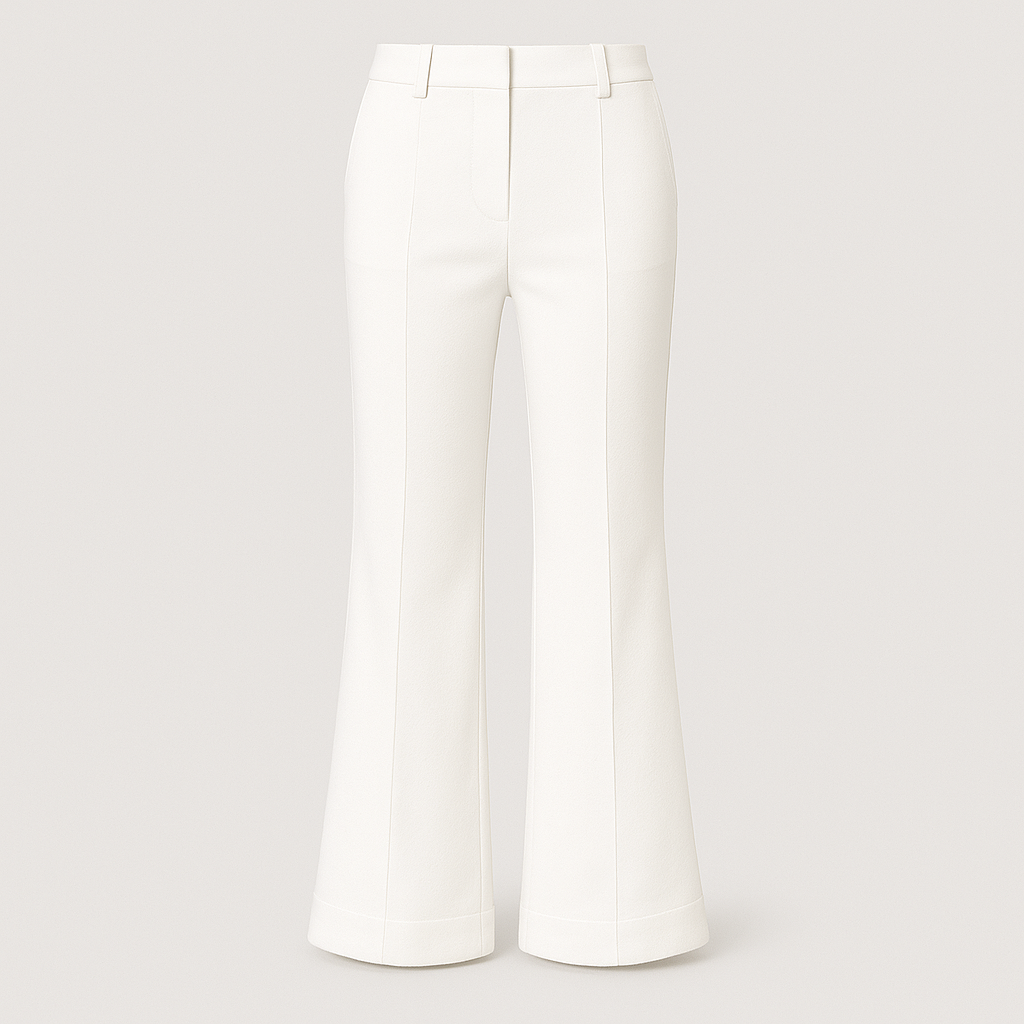 Tailored wide-leg trousers with fitted waistband, front seam detail, and full-length drape for versatile everyday wear