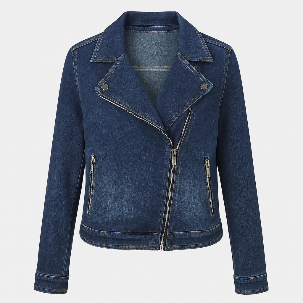 Denim jacket with asymmetrical front zipper, notched lapel collar, and side zip pockets designed for casual layering