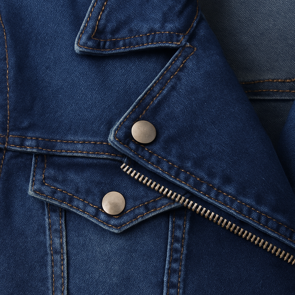 Denim jacket with asymmetrical front zipper, notched lapel collar, and side zip pockets designed for casual layering