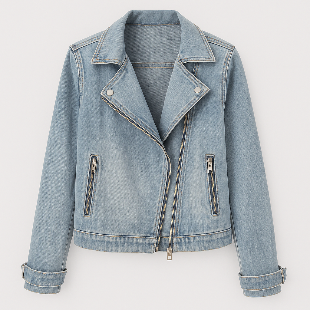 Denim jacket with asymmetrical front zipper, notched lapel collar, and side zip pockets designed for casual layering