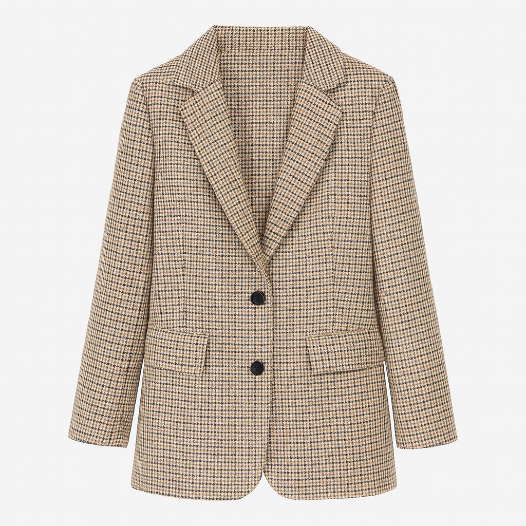 A houndstooth blazer with long sleeves, a notched lapel neckline, and a double-breasted front.