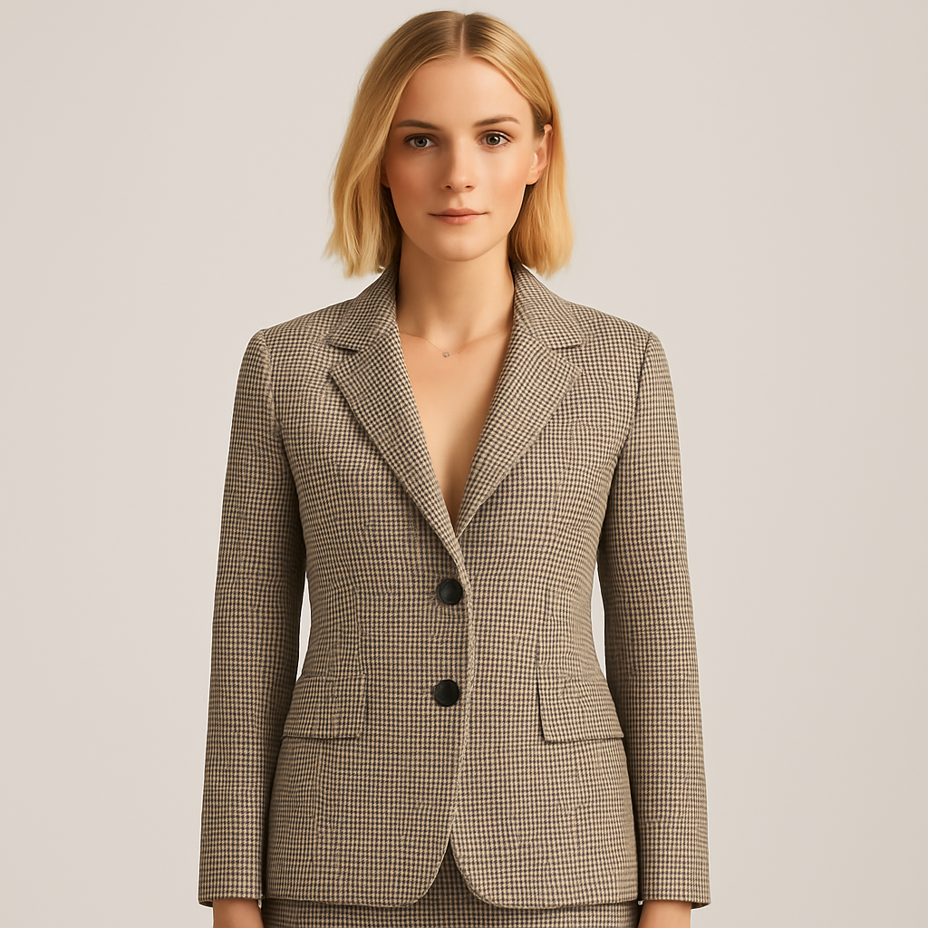 A houndstooth blazer with long sleeves, a notched lapel neckline, and a double-breasted front.