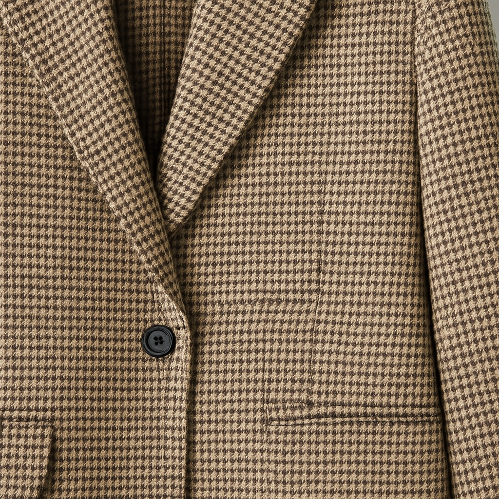 A houndstooth blazer with long sleeves, a notched lapel neckline, and a double-breasted front.