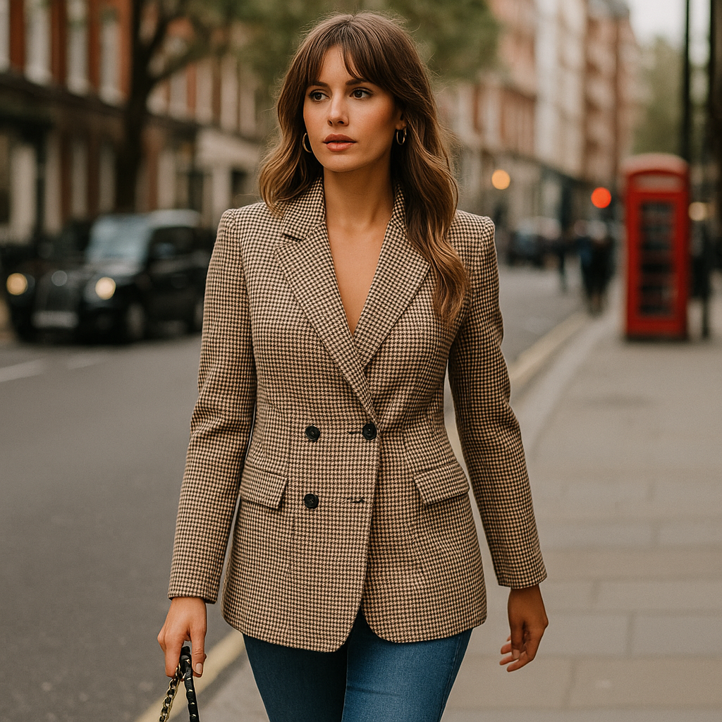 A houndstooth blazer with long sleeves, a notched lapel neckline, and a double-breasted front.