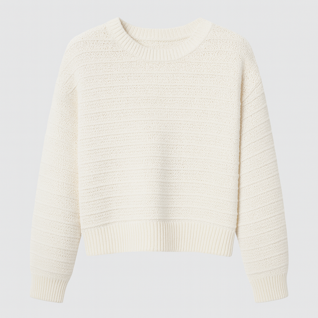 A cream knit sweater with subtle horizontal textured stripes