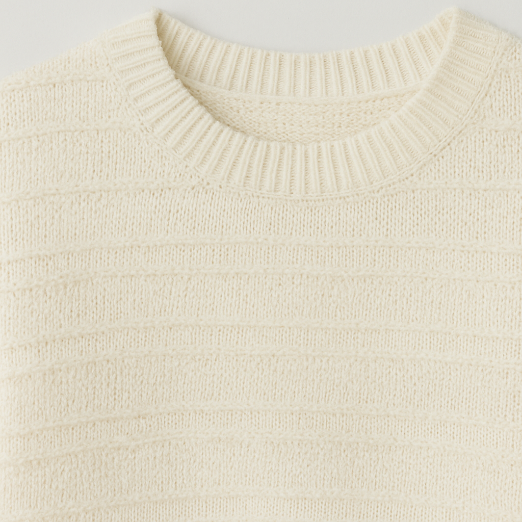 A cream knit sweater with subtle horizontal textured stripes