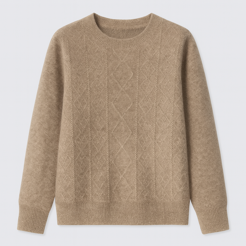 A crewneck sweater with a textured diamond-knit pattern, long sleeves, and ribbed cuffs, hem, and neckline.