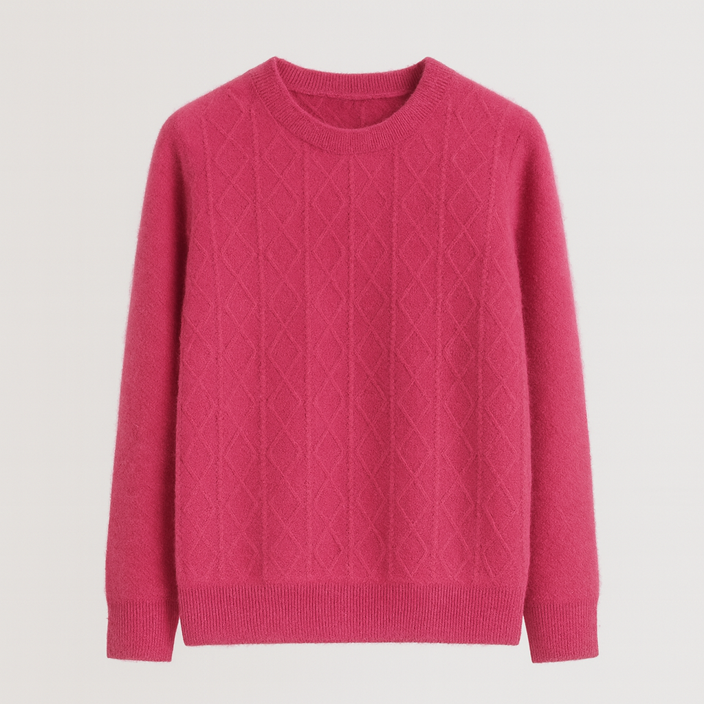 A crewneck sweater with a textured diamond-knit pattern, long sleeves, and ribbed cuffs, hem, and neckline.