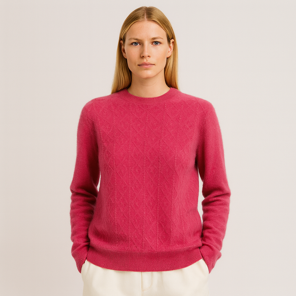 A crewneck sweater with a textured diamond-knit pattern, long sleeves, and ribbed cuffs, hem, and neckline.