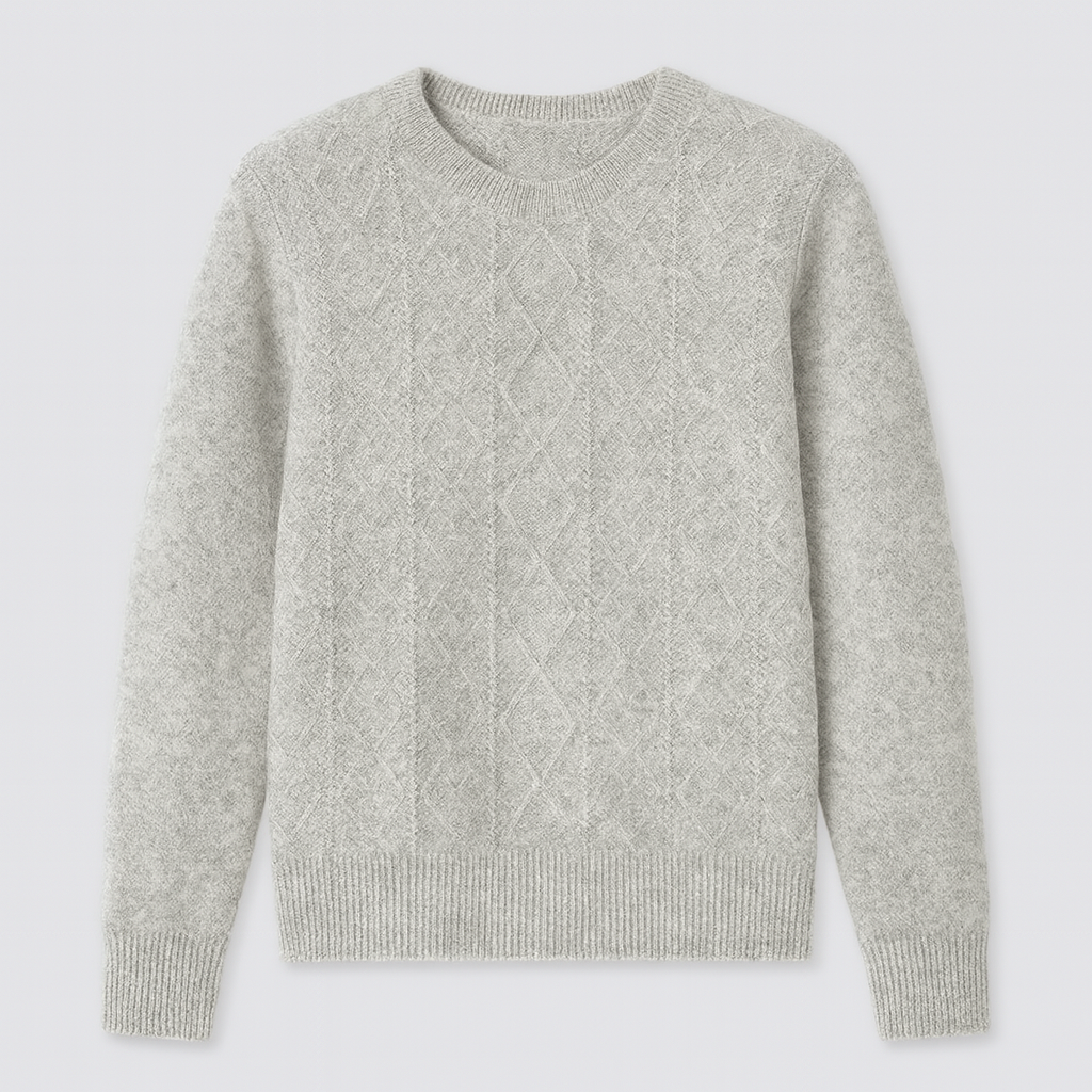 A crewneck sweater with a textured diamond-knit pattern, long sleeves, and ribbed cuffs, hem, and neckline.