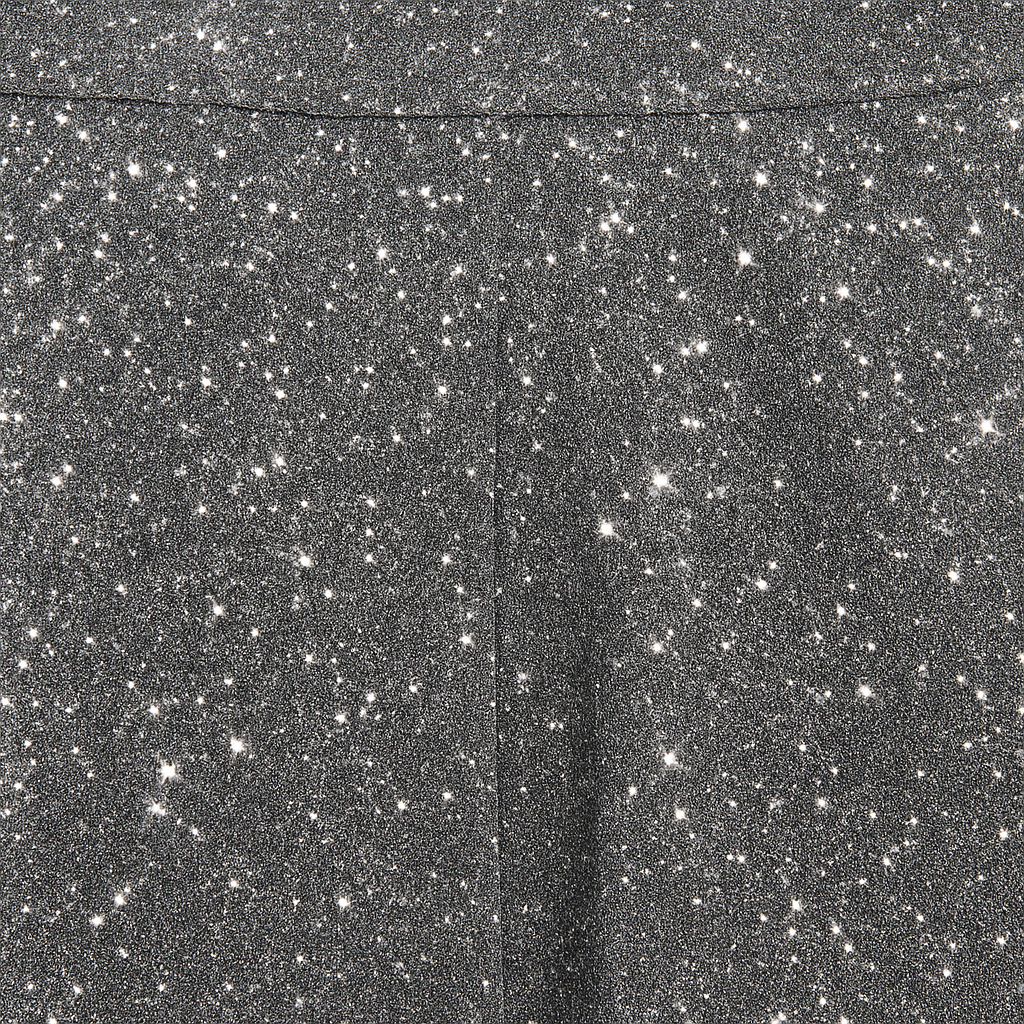 Wide-leg glitter pants with high-rise waist and shimmering finish, styled for glamorous statement looks