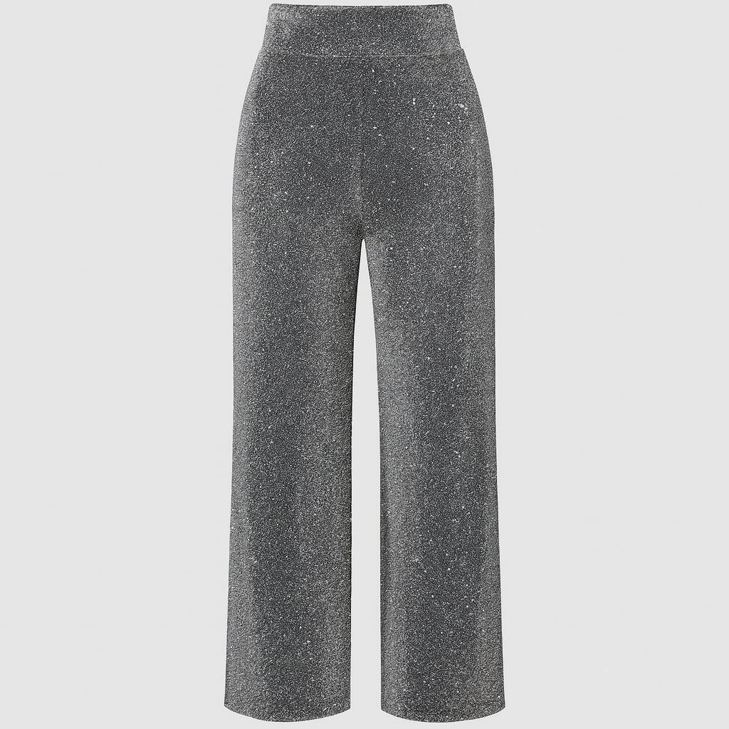 Wide-leg glitter pants with high-rise waist and shimmering finish, styled for glamorous statement looks