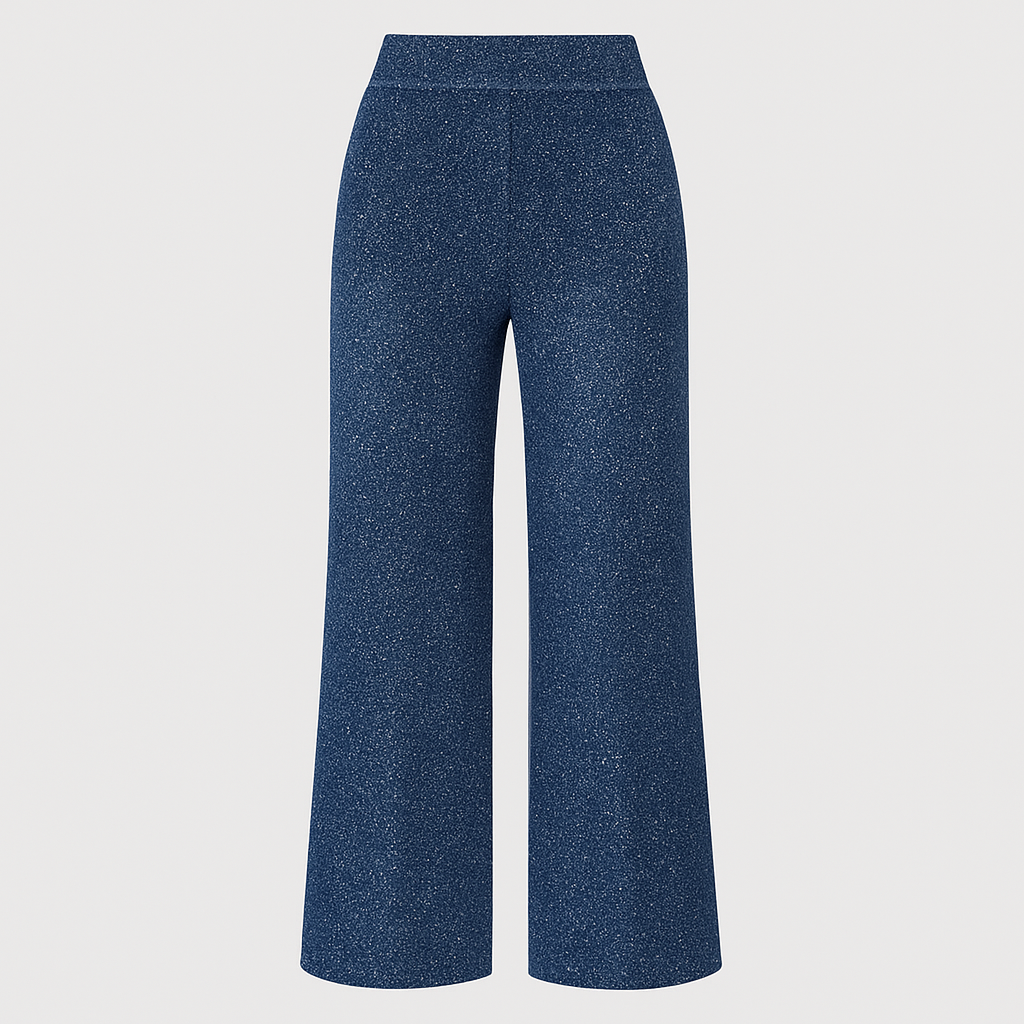 Wide-leg glitter pants with high-rise waist and shimmering finish, styled for glamorous statement looks