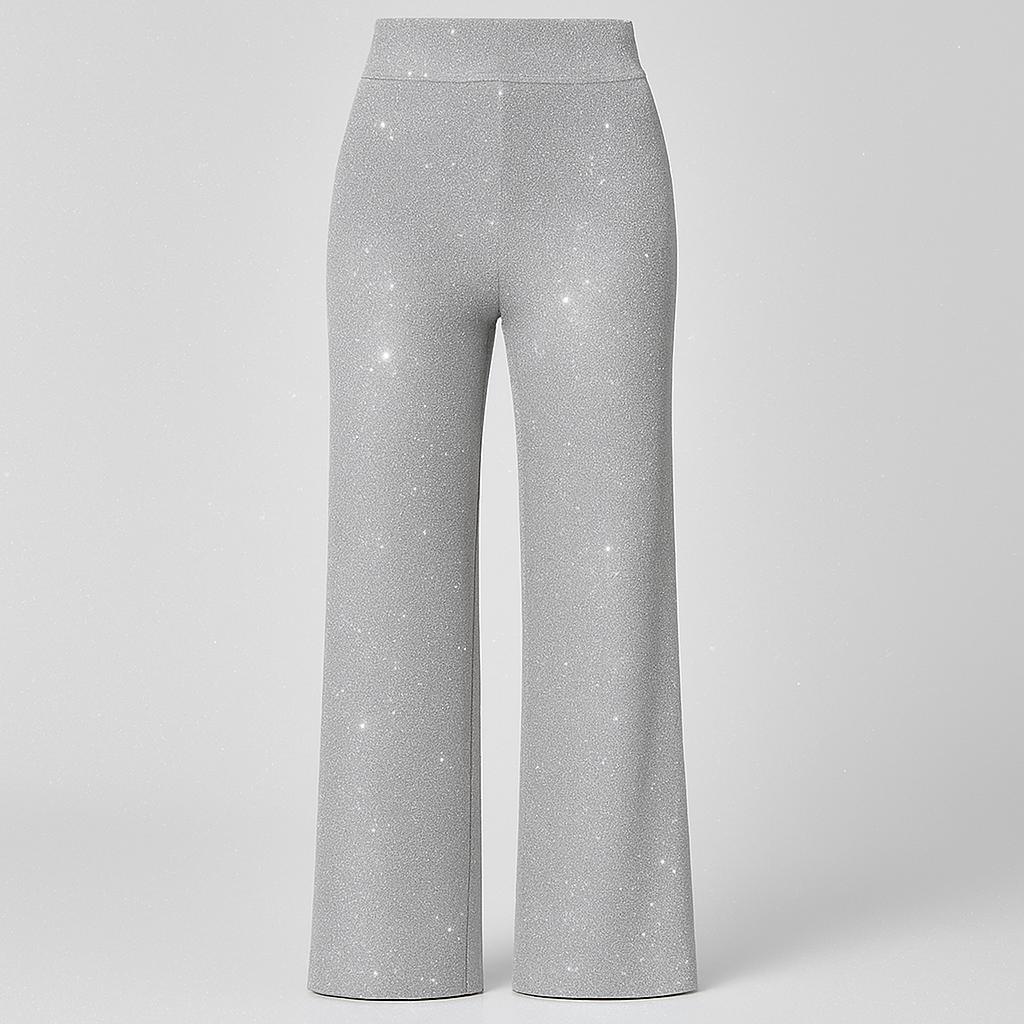 Wide-leg glitter pants with high-rise waist and shimmering finish, styled for glamorous statement looks